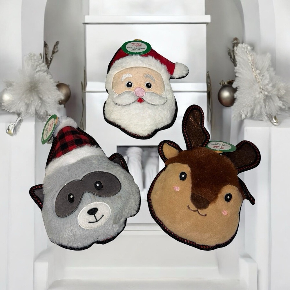 Lot Of 3 Merry & Bright Crinkle Santa Raccoon Reindeer Squeaker Dog Toy/57b‎
